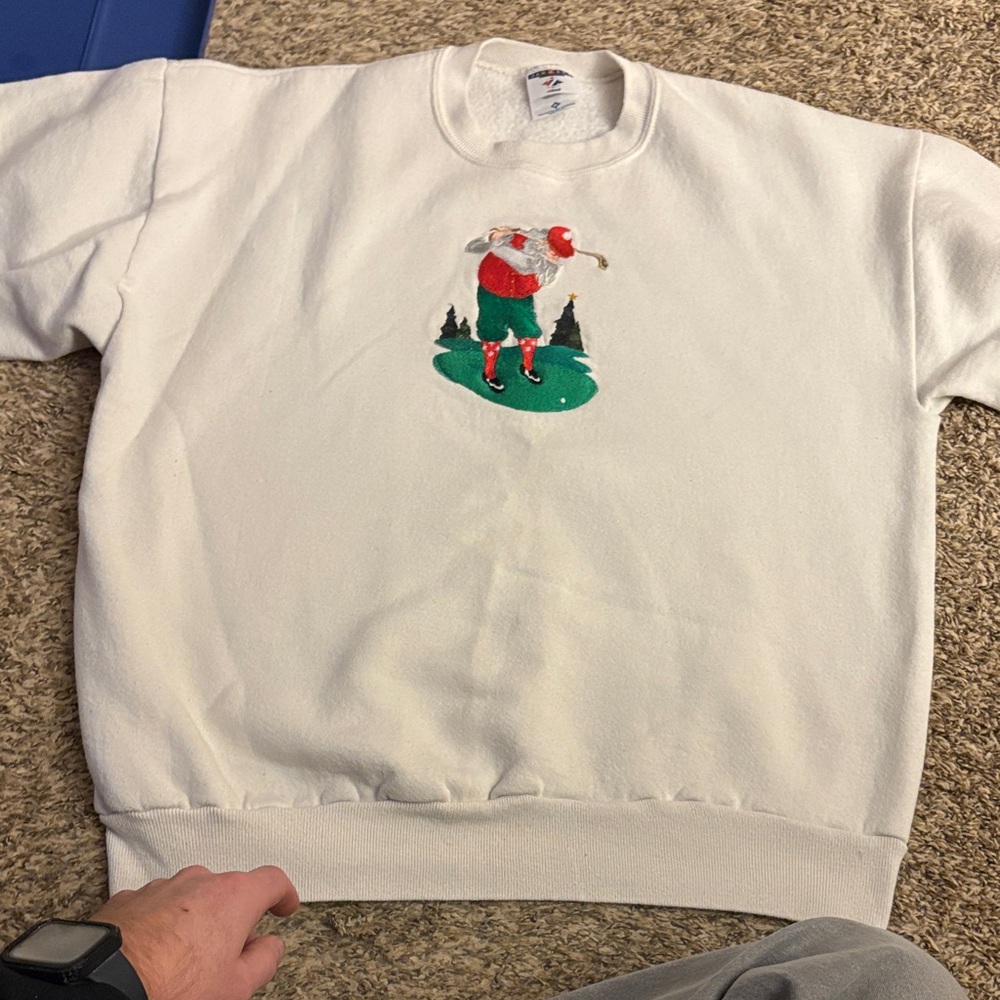 Golfing Santa crewneck sweatshirt. Ugly Christmas sweater approved!